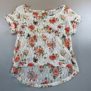Mudd Womens Floral Lace Sheer Short Sleeve M Cottagecore Romantic Y2K Boho Soft